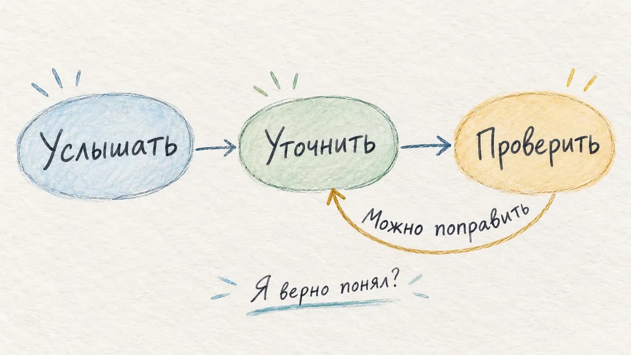Схема проверки понимания: услышать, уточнить, проверить, а при поправке вернуться к уточнению