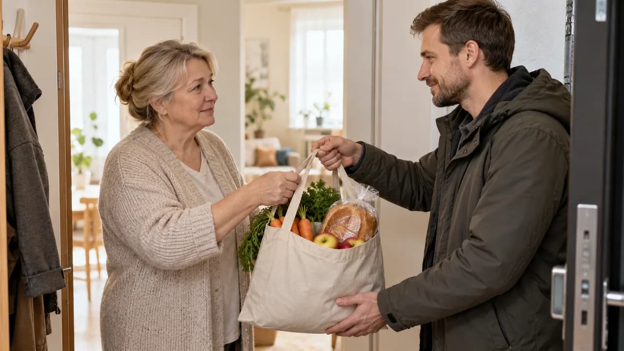 Мужчина передаёт женщине сумку с продуктами у двери квартиры — пример конкретной бытовой помощи