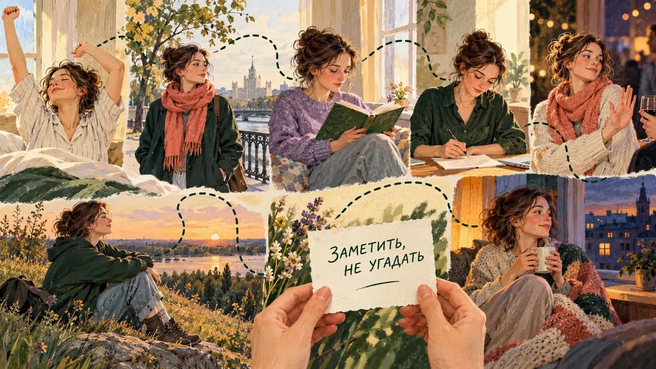 Семь повседневных эпизодов женщины соединены линией наблюдений и запиской «Заметить, не угадать»