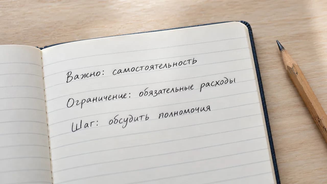 Рабочая заметка с тремя строками: что важно, что ограничивает и какой шаг доступен; ограничения записаны отдельно от ориентиров