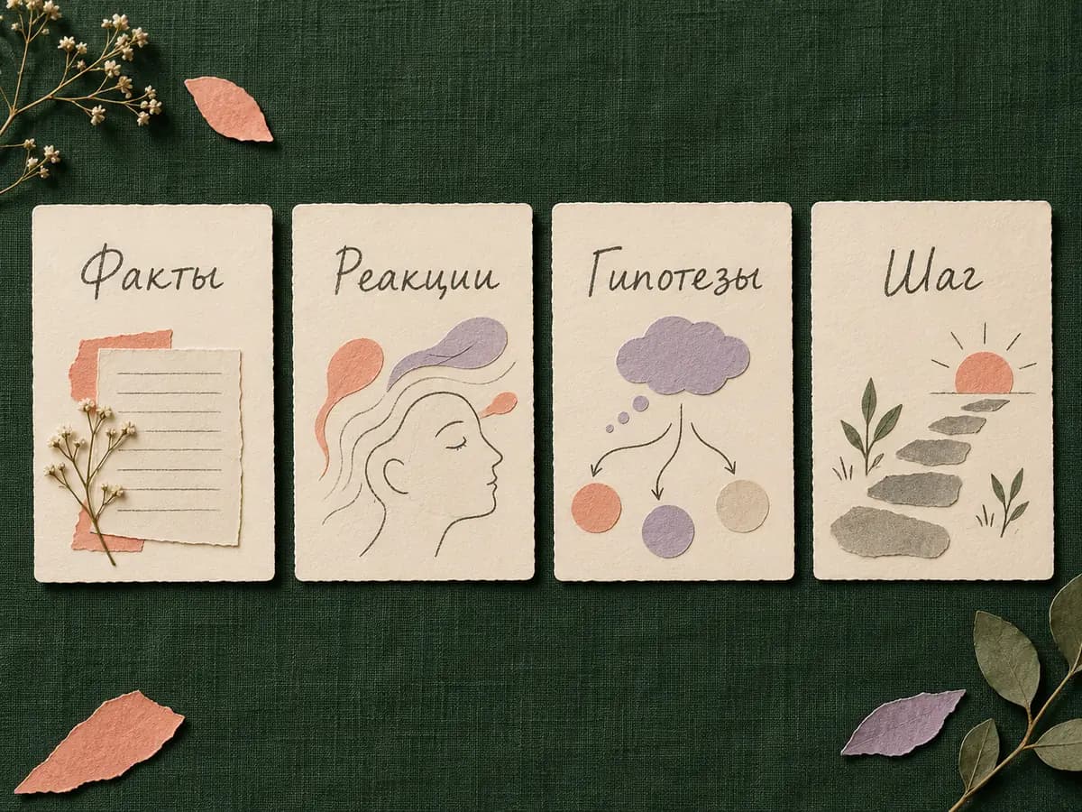Четыре лицевые бумажные карточки с надписями «Факты», «Реакции», «Гипотезы» и «Шаг»