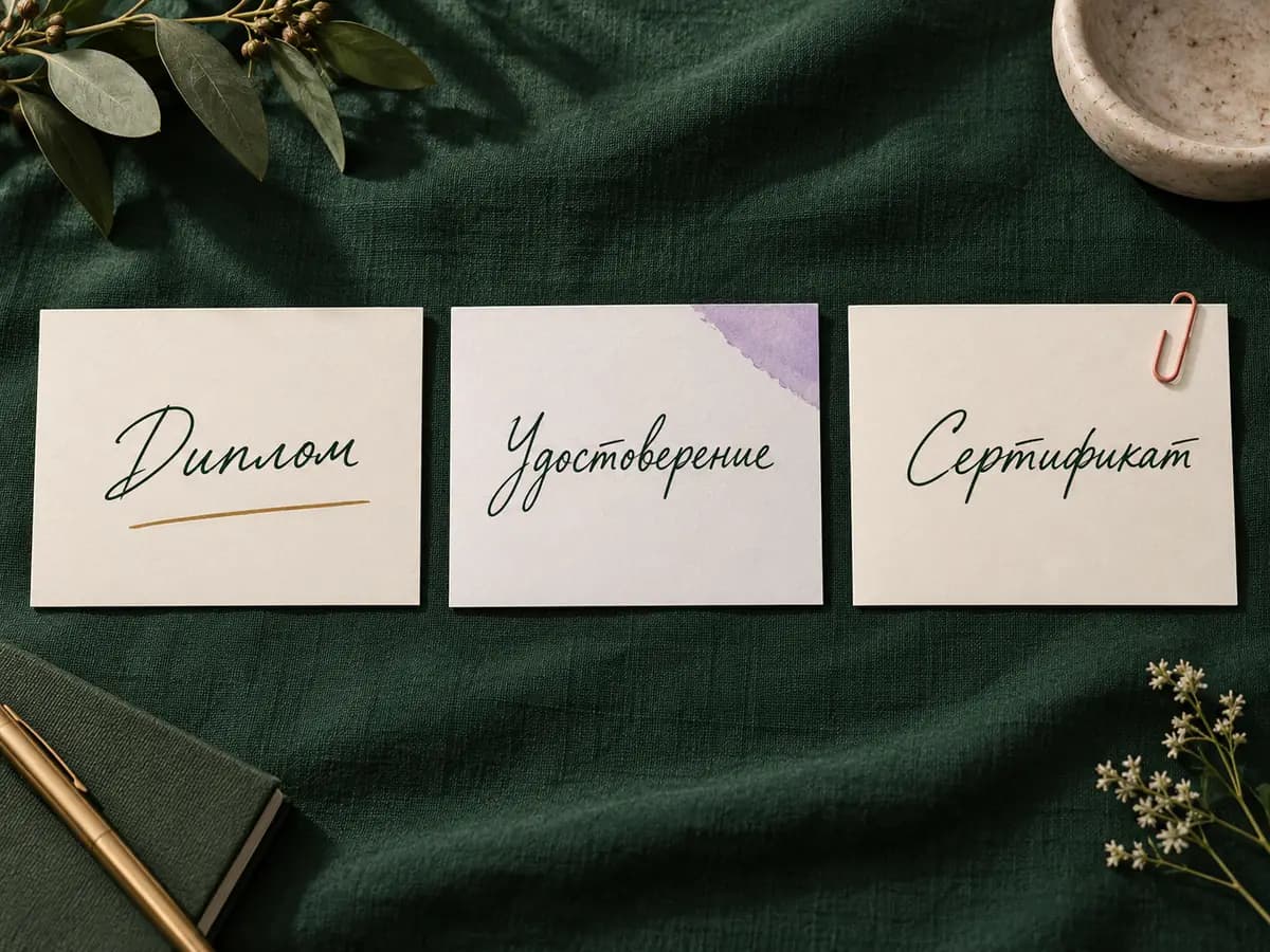 Три лицевые карточки с рукописными надписями «Диплом», «Удостоверение» и «Сертификат»