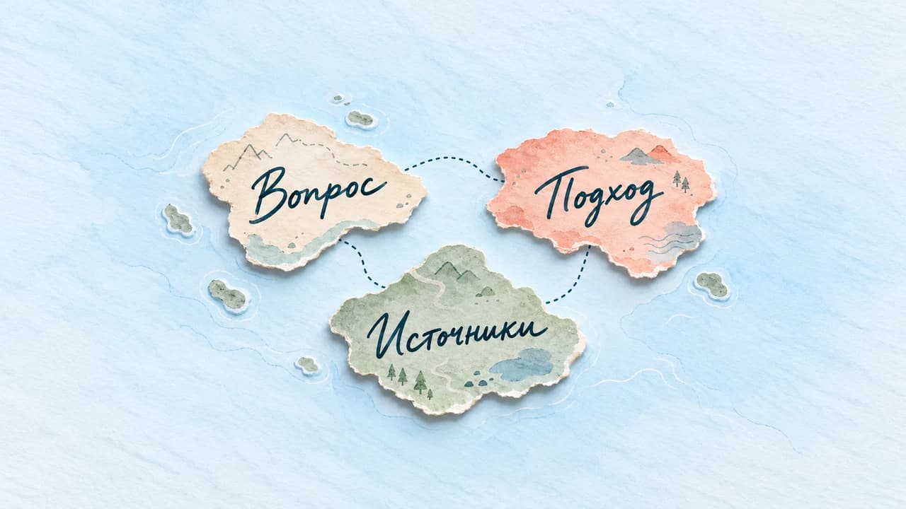 Бумажная карта с рукописными подписями «Вопрос», «Подход», «Источники»: метафора самостоятельного изучения психологии