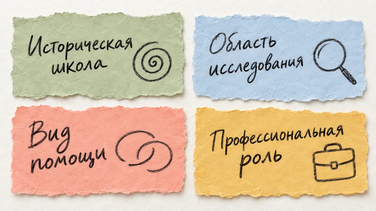 Четыре равноправных ориентира для чтения: историческая школа, область исследования, вид помощи и профессиональная роль