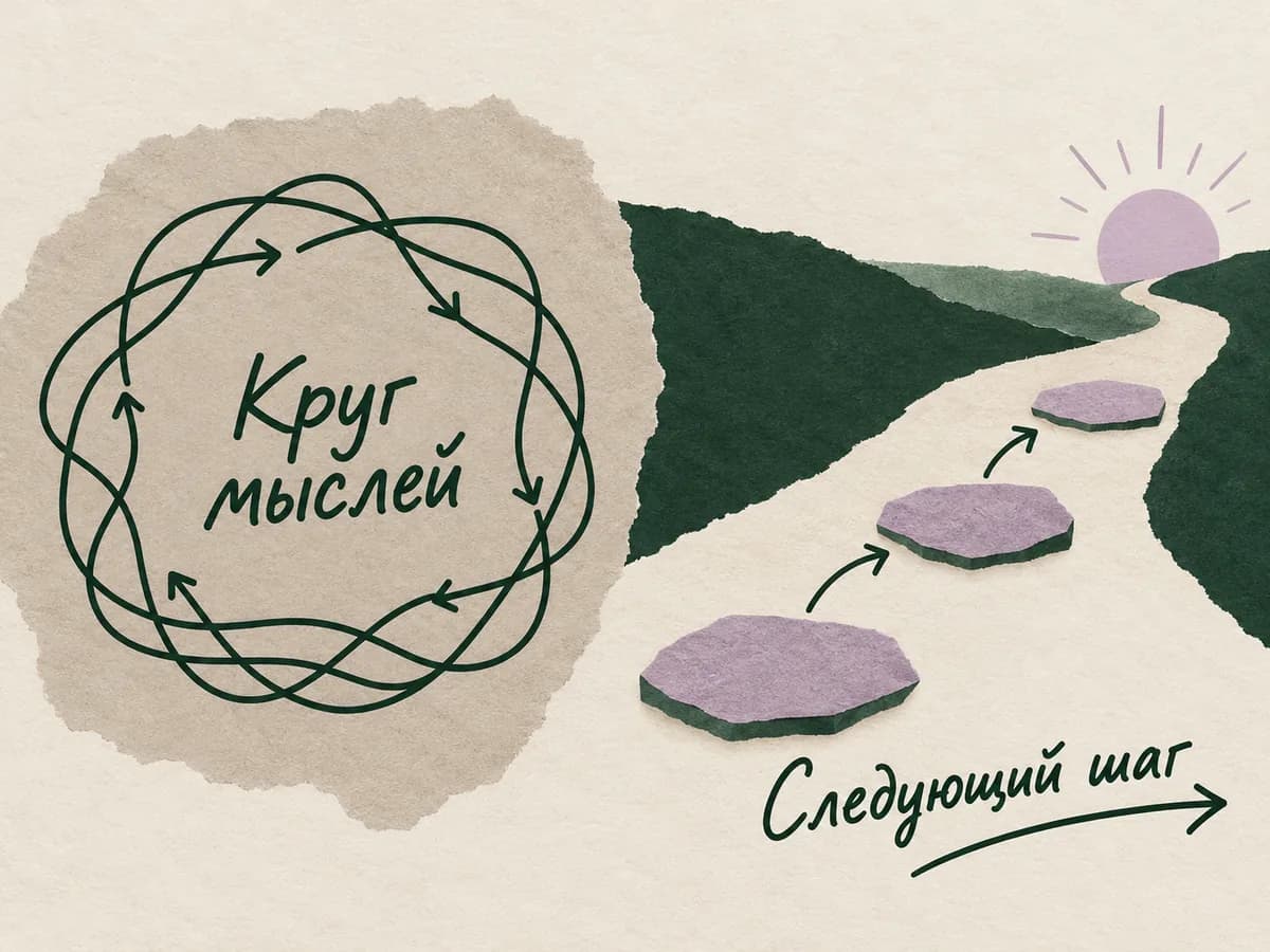 Слева замкнутый круг повторяющихся мыслей, справа маршрут от факта через версии к следующему шагу