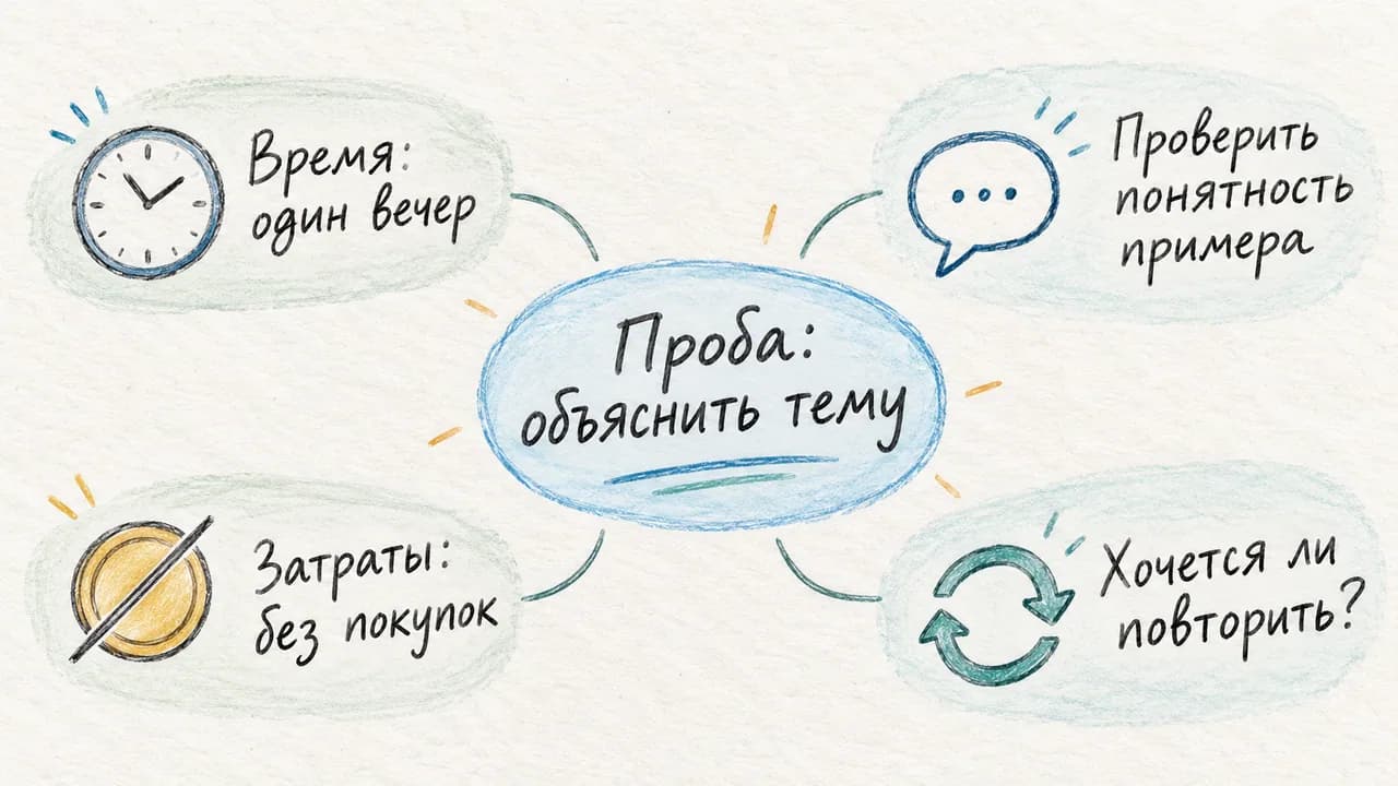 Пример пробы «объяснить тему»: один вечер без покупок; наблюдения — понятность примера и желание повторить