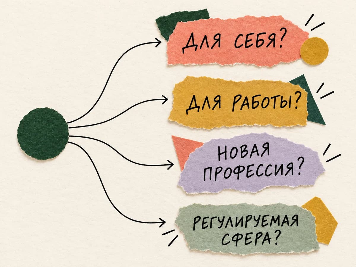 Четыре карточки с вопросами: для себя, для работы, новая профессия или регулируемая сфера