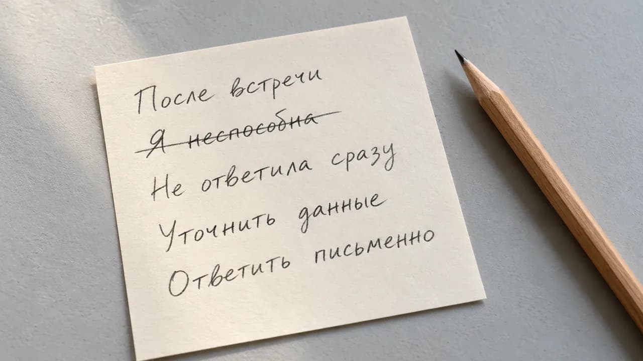 Рукописная заметка после встречи: обобщение «Я неспособна» зачёркнуто; ниже записаны факт «Не ответила сразу» и шаги «Уточнить данные», «Ответить письменно»