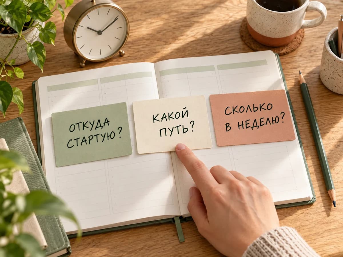 Три карточки с вопросами о стартовой точке, образовательном пути и доступном времени в неделю