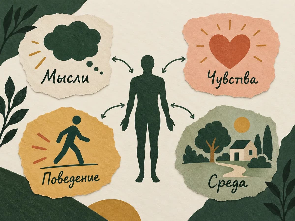 Схема связывает мысли, чувства, поведение и среду вокруг человека