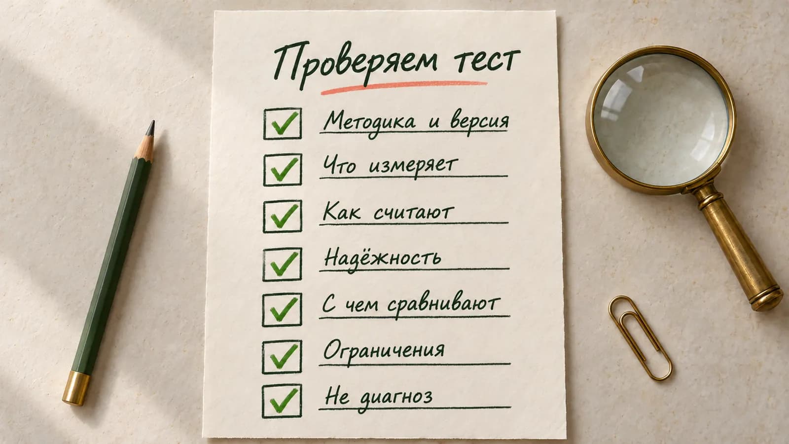 Рукописный чек-лист «Проверяем тест» с семью критериями качества