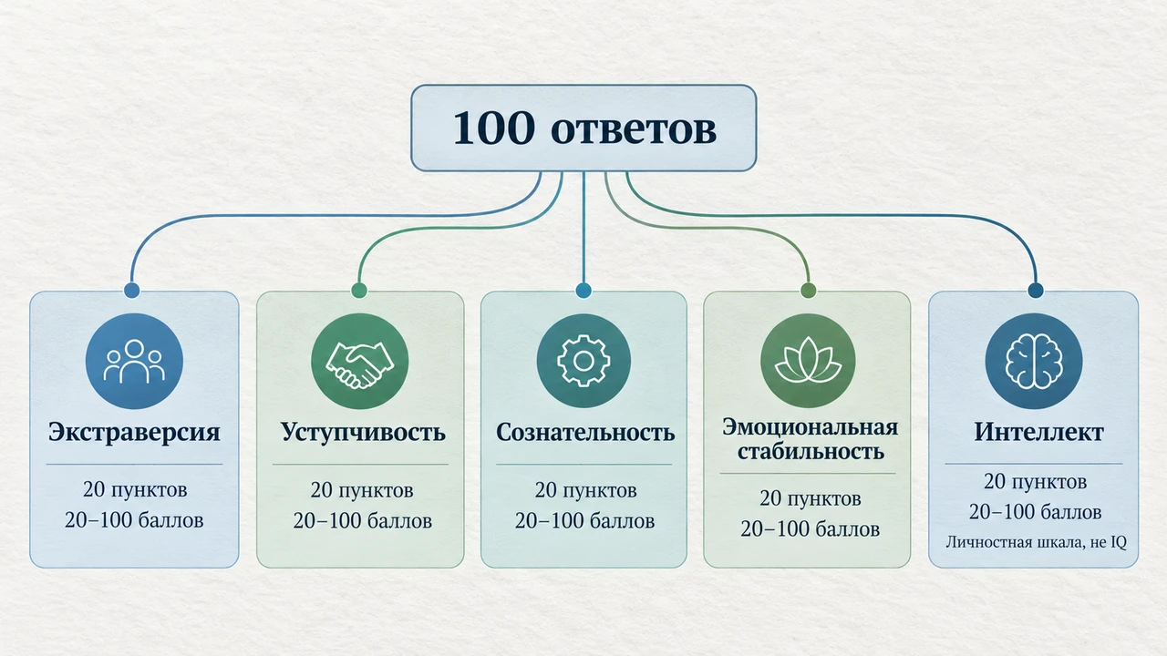 Сто ответов распределяются по пяти шкалам IPIP: по двадцать пунктов и от двадцати до ста баллов в каждой