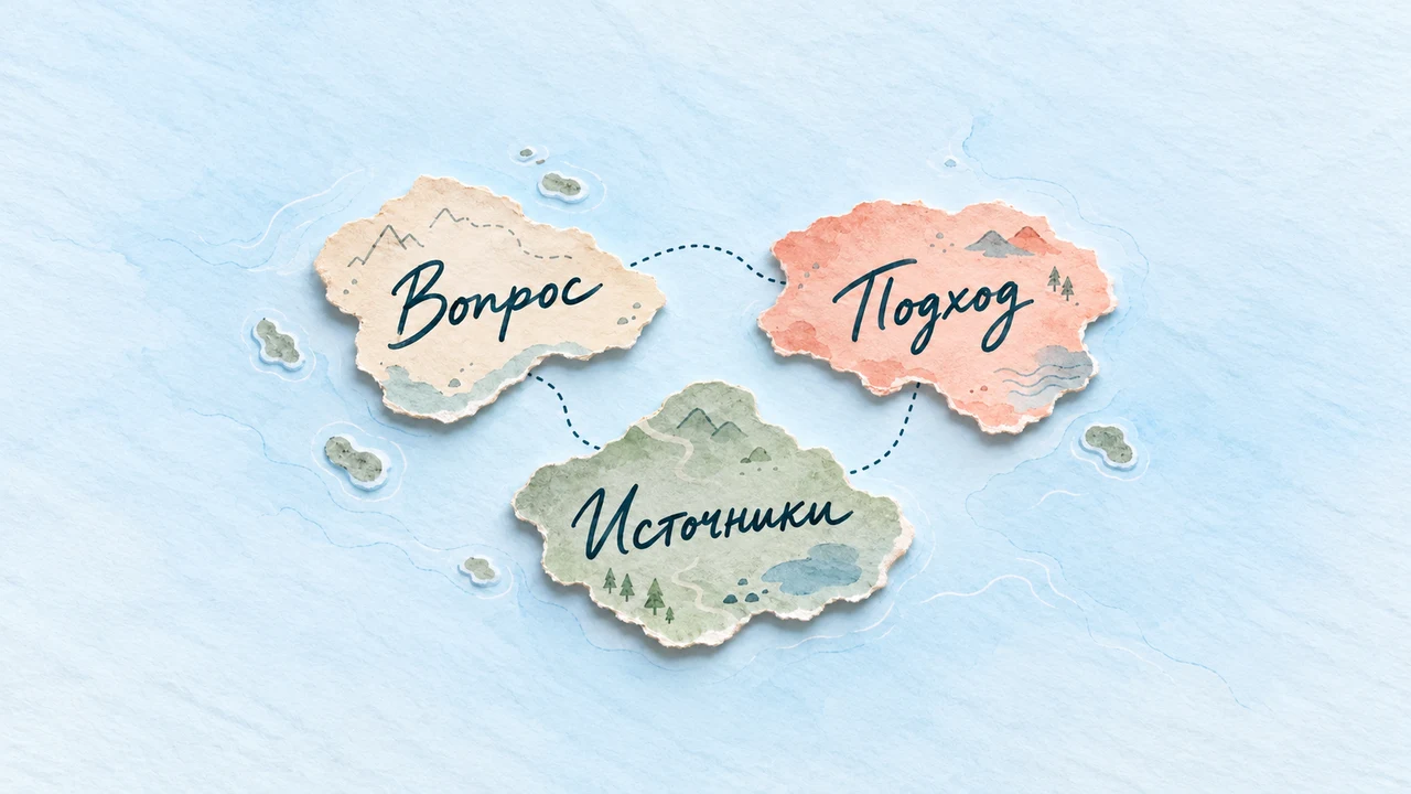 Бумажная карта с рукописными подписями «Вопрос», «Подход», «Источники»: метафора самостоятельного изучения психологии